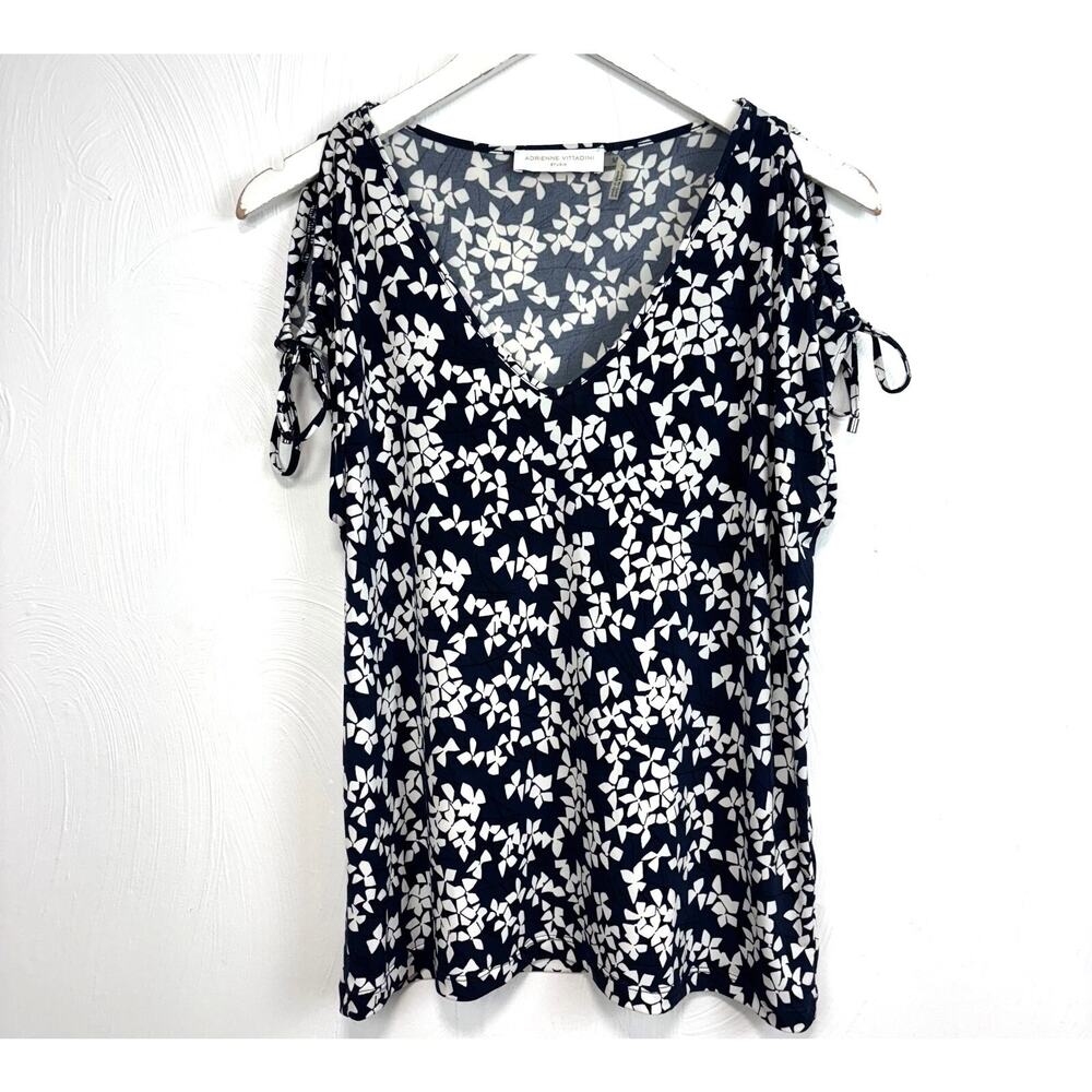 Adrienne Vittadini Studio Navy White Floral V-Neck Blouse Ruched Sleeves Size M